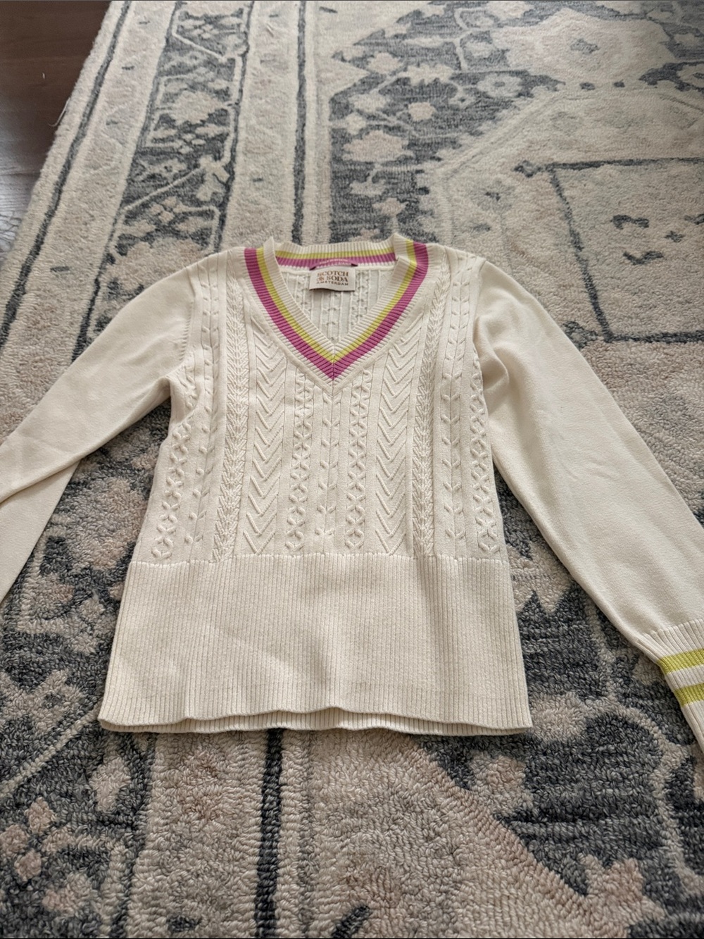 Scotch & Soda Cream V-Neck Cable Knit Sweater with Pink & Lime Trim